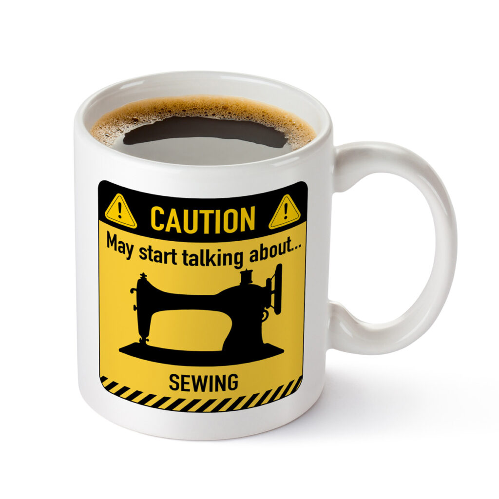 Caution Sewing Mug - White with Yellow Warning Design