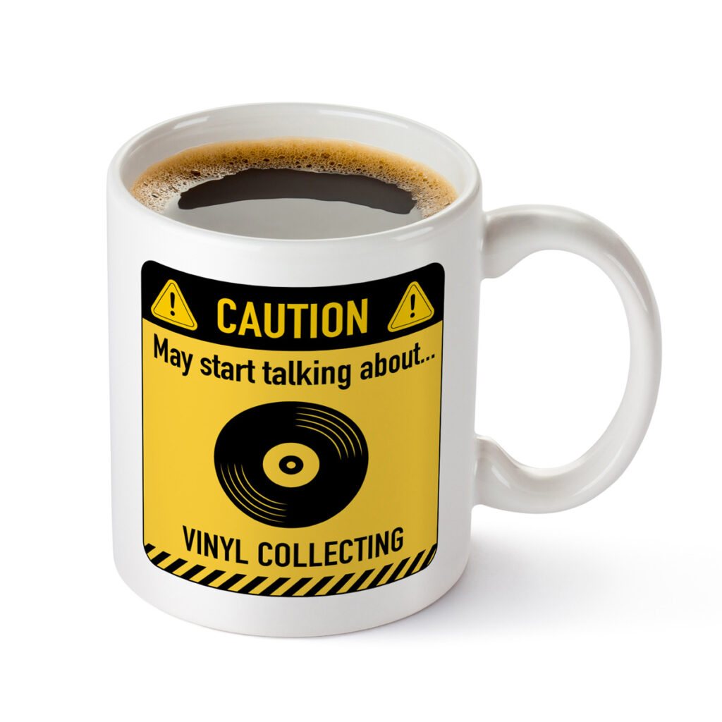 White Mug with Vinyl Collecting Caution Sign Design