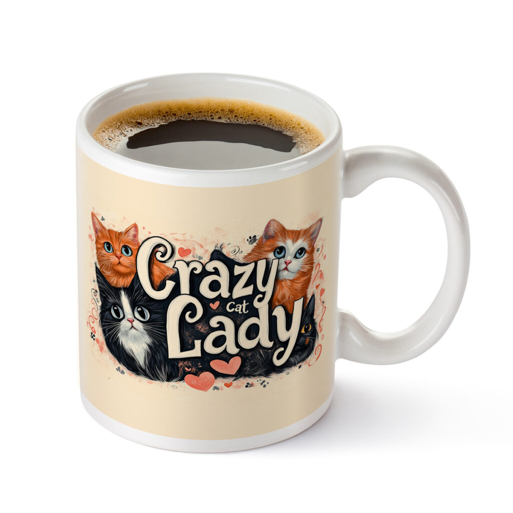 Crazy Cat Lady Ceramic Mug with Cat Illustrations