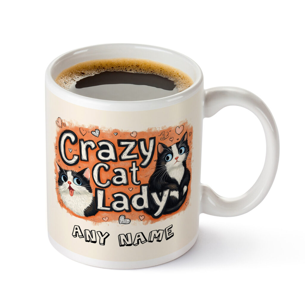 Custom Crazy Cat Lady Mug with Cats & Hearts Design
