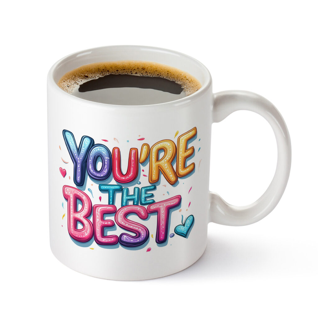 White Mug with 'YOU'RE THE BEST' Colorful Text & Hearts