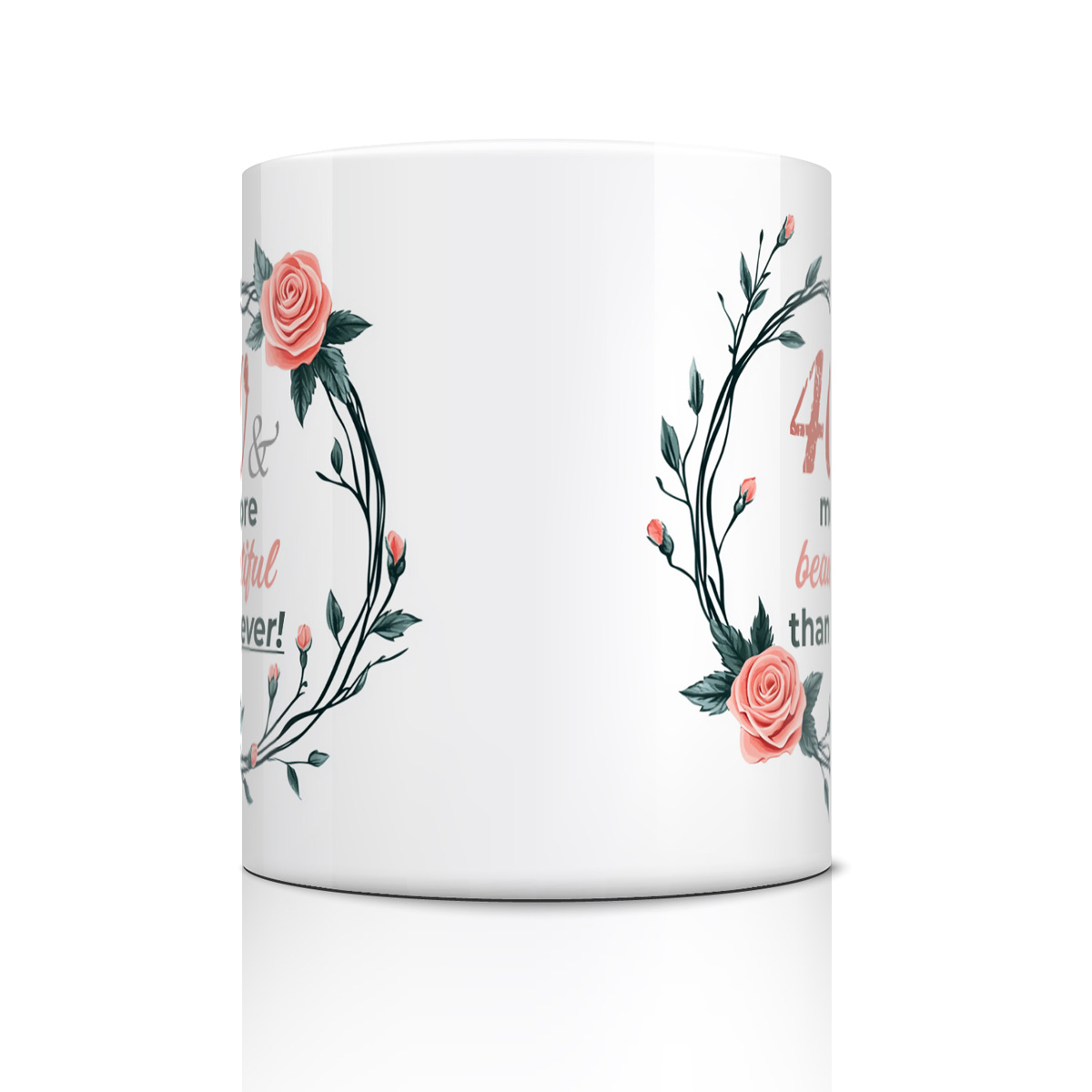 40th Birthday Floral Mug - Pink Roses & Green Leaves