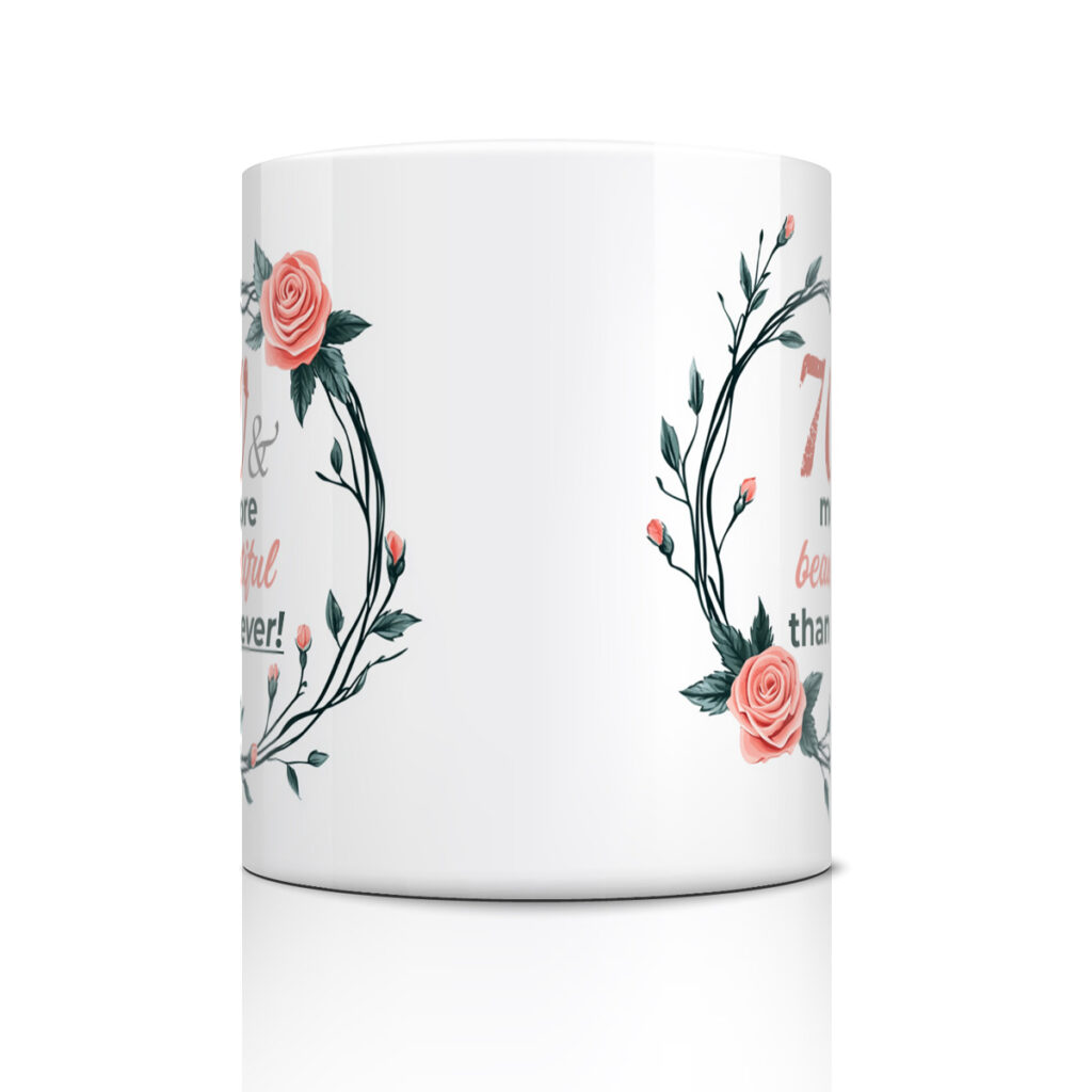 70th Birthday Floral Mug - Pink Roses & Green Leaves