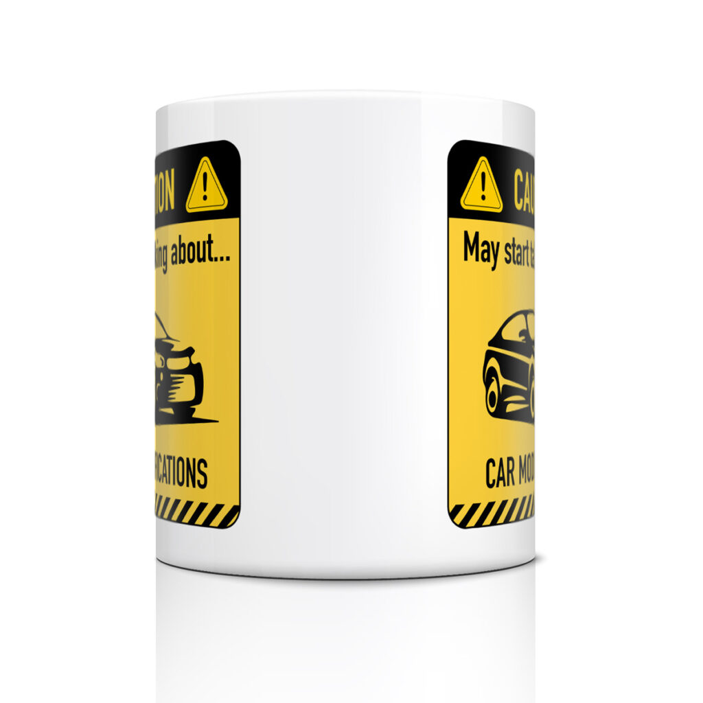 Car Modifications Caution Sign Mug - White with Yellow Design