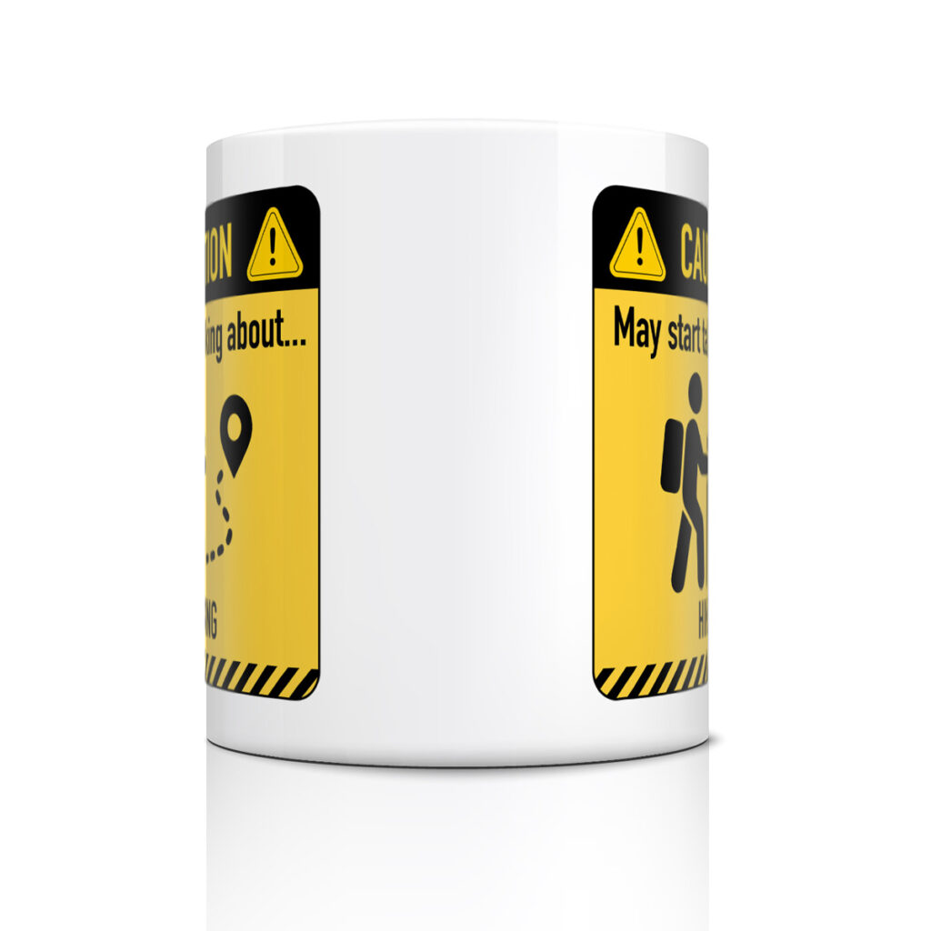 Hiking Caution Sign White Mug - Funny Backpacker Gift