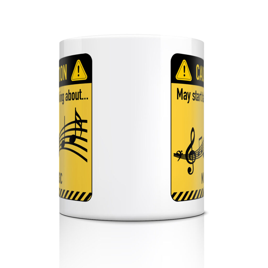 White Mug with Caution Sign & Music Notes Design