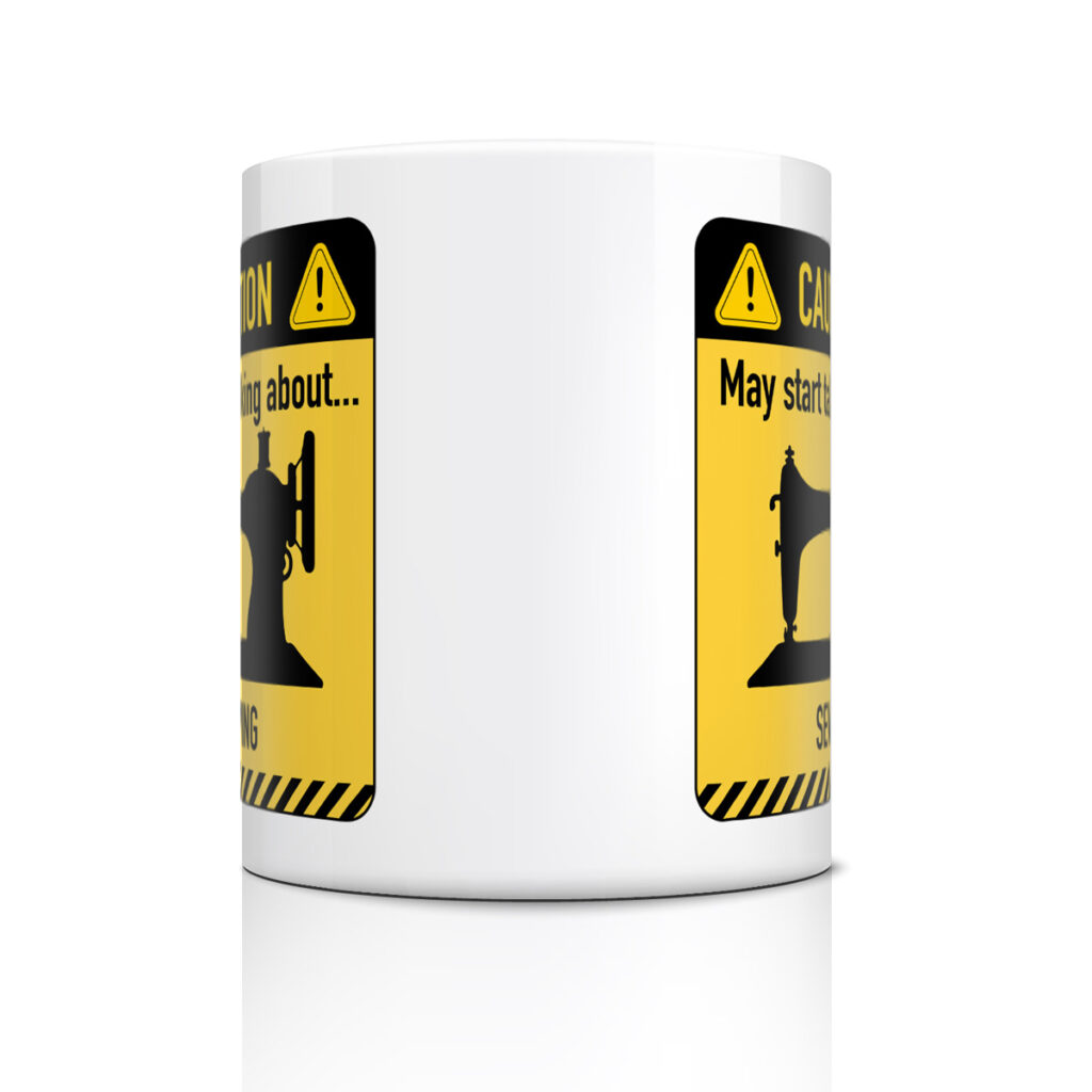 Caution Sewing Mug - White with Yellow Warning Design