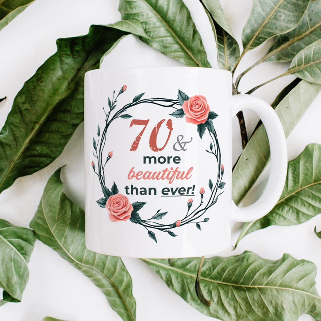 70th Birthday Floral Mug - Pink Roses & Green Leaves