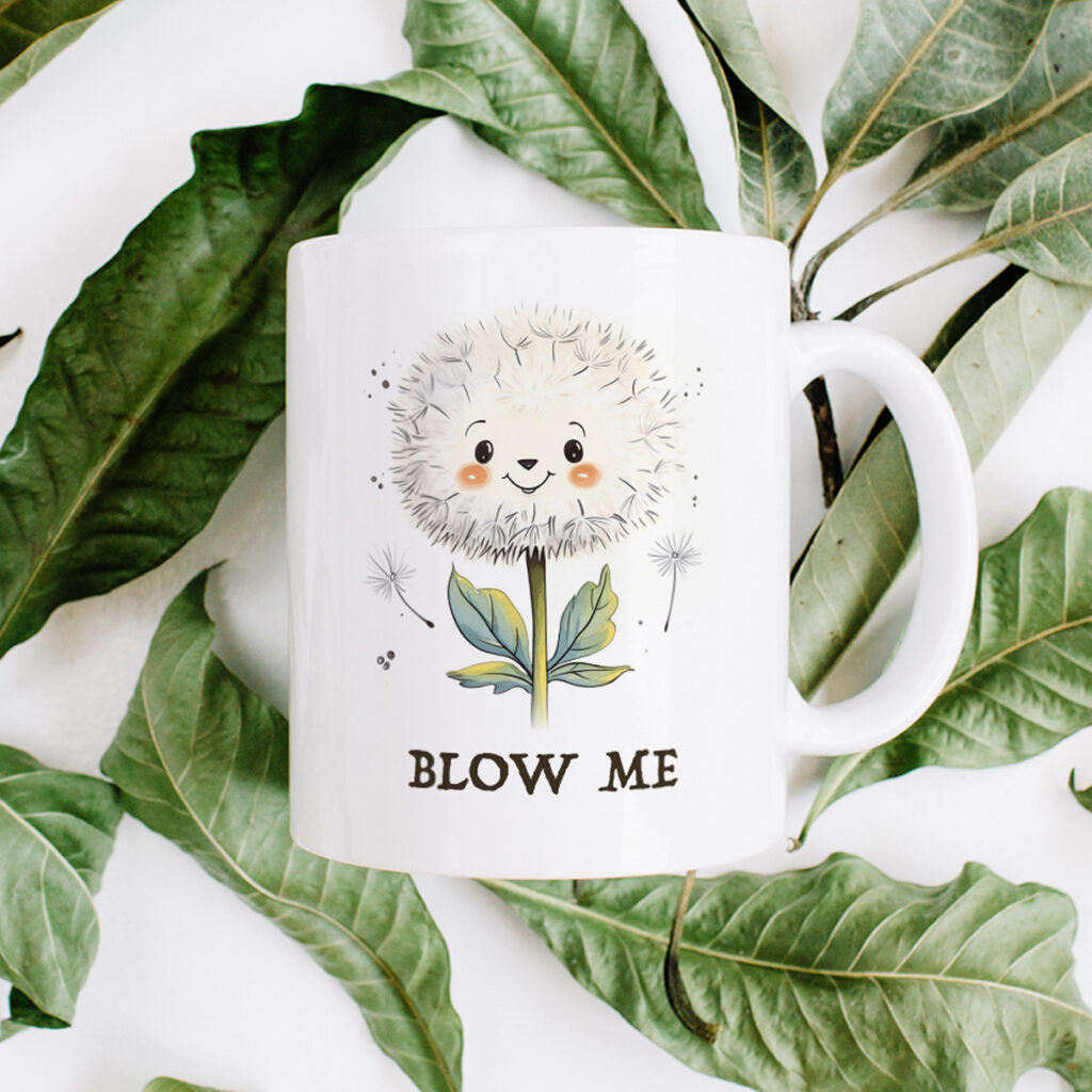 White Mug with Cute Dandelion 'Blow Me' Design