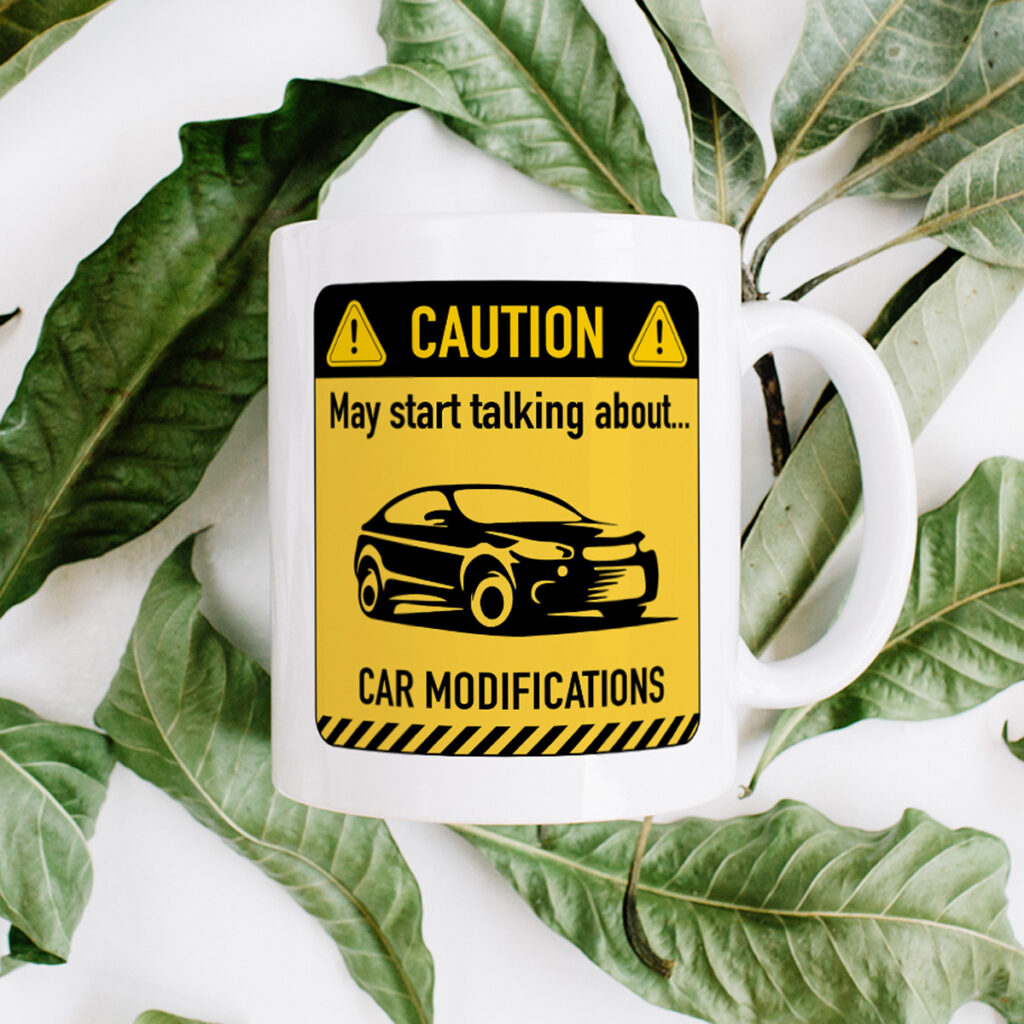 Car Modifications Caution Sign Mug - White with Yellow Design