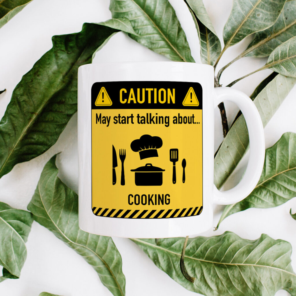 Caution Cooking Talk Mug - Fun Chef Gift with Warning Sign