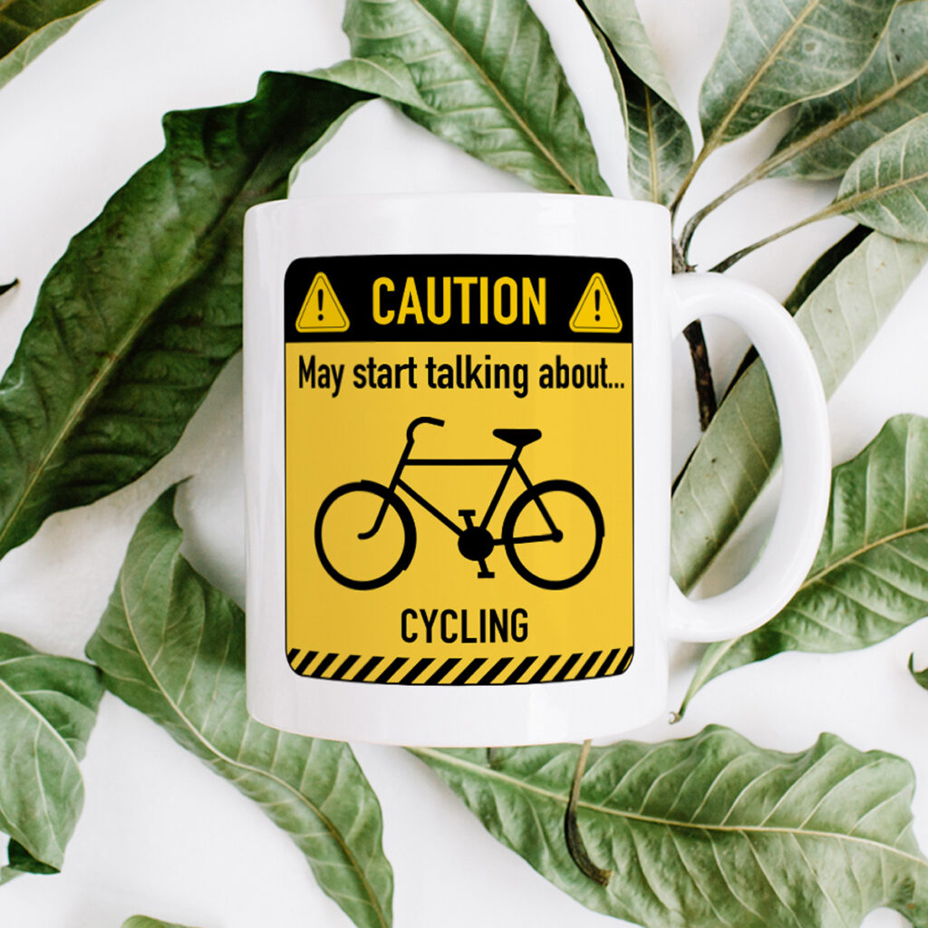 Cycling Caution Sign White Mug - Bicycle Talk Gift