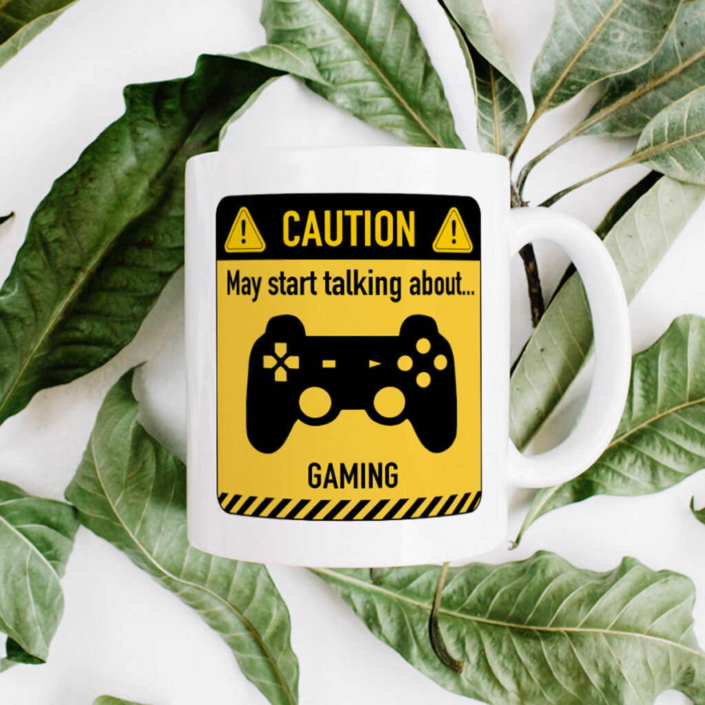 White Mug with Gaming Caution Sign - Game Controller Design