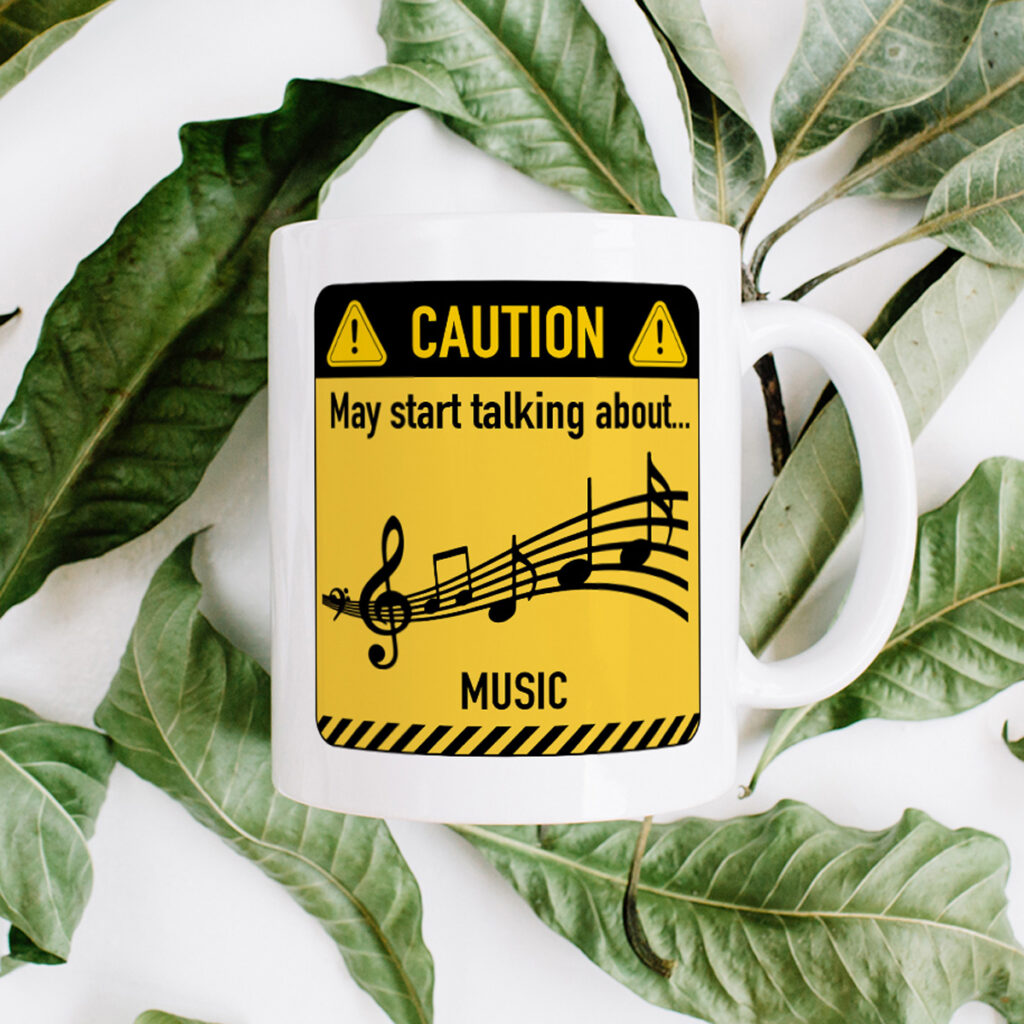 White Mug with Caution Sign & Music Notes Design