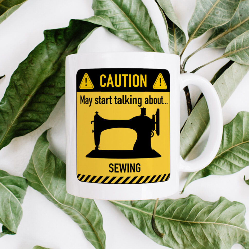 Caution Sewing Mug - White with Yellow Warning Design