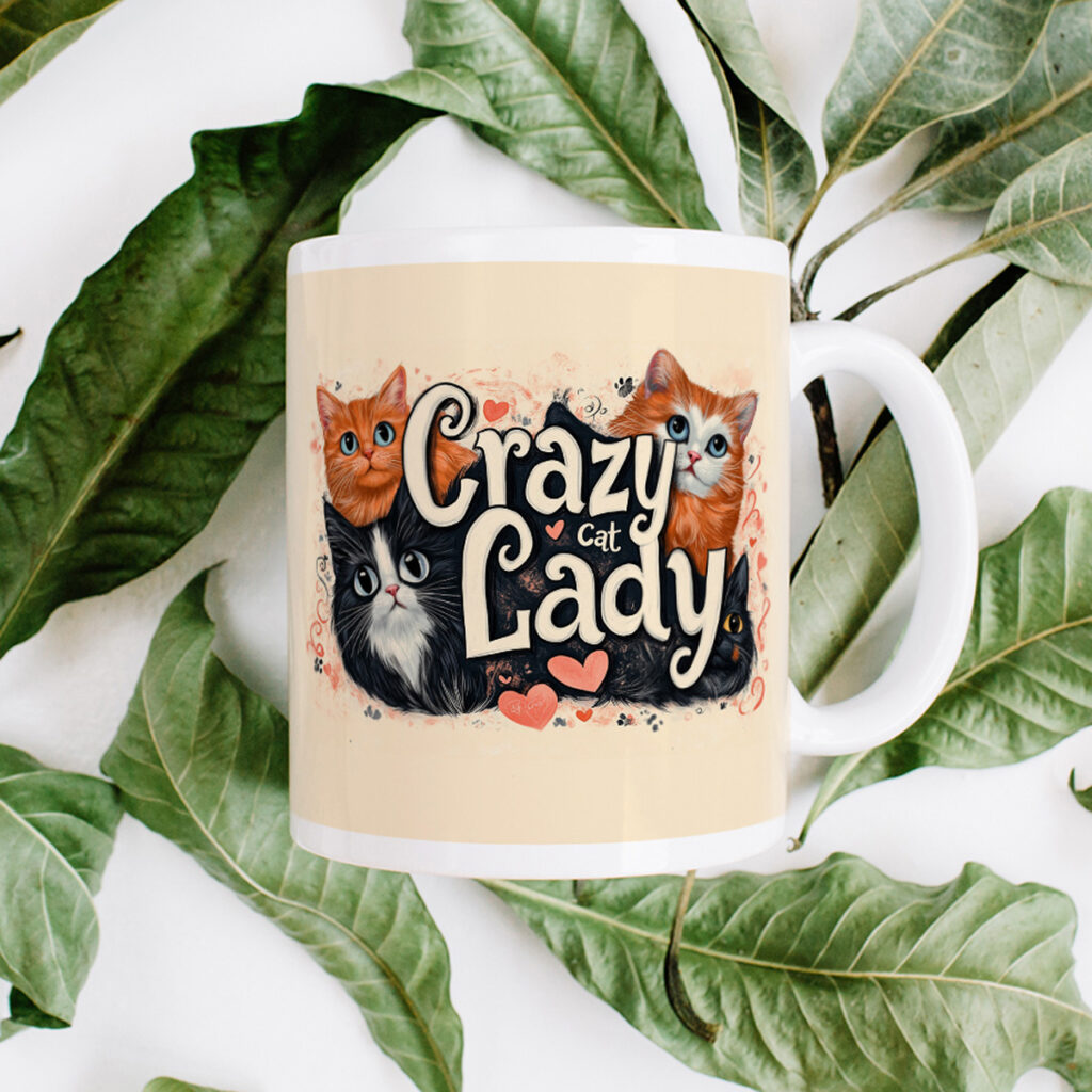 Crazy Cat Lady Ceramic Mug with Cat Illustrations