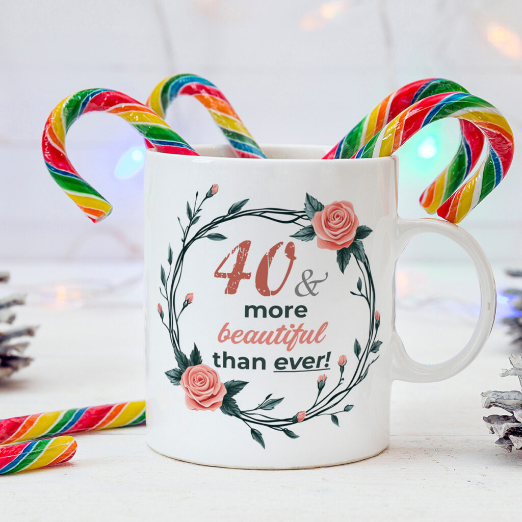 40th Birthday Floral Mug - Pink Roses & Green Leaves