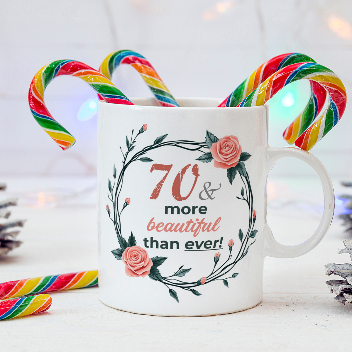 70th Birthday Floral Mug - Pink Roses & Green Leaves