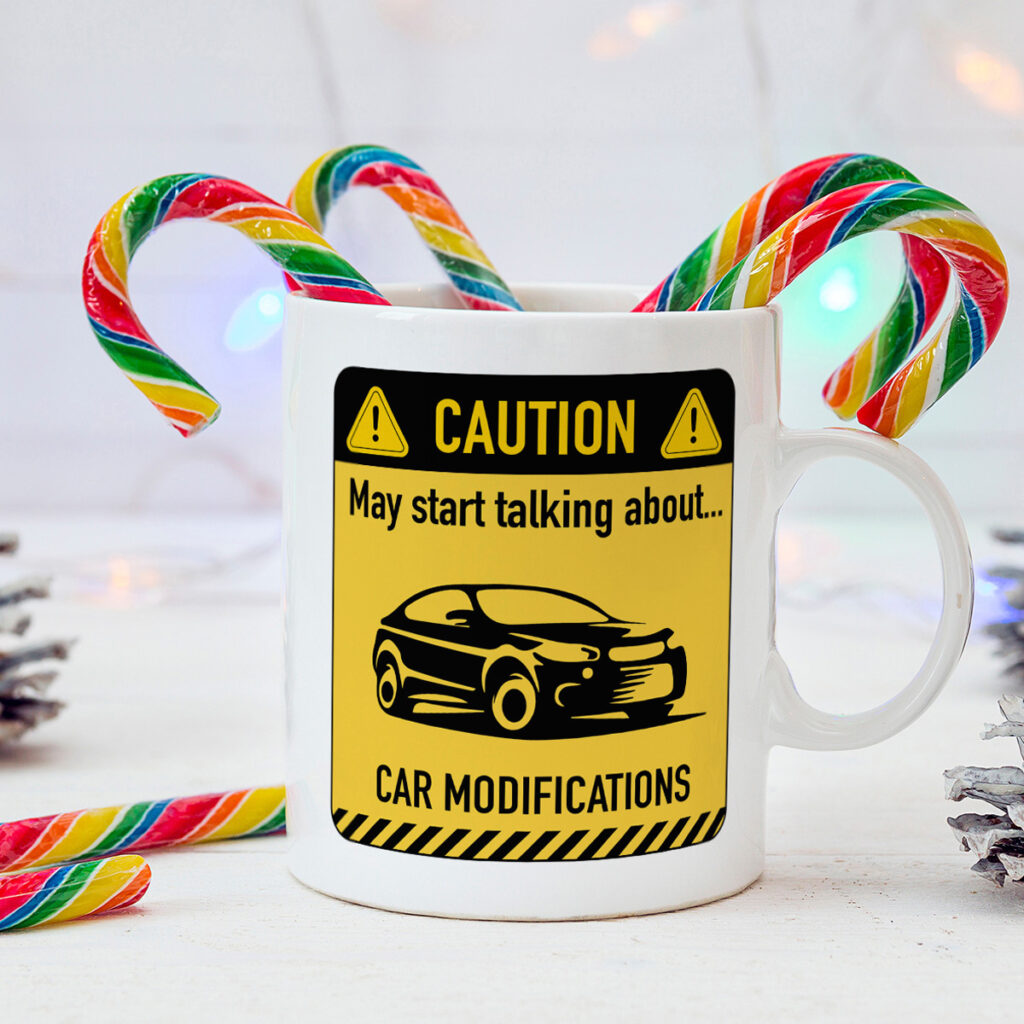 Car Modifications Caution Sign Mug - White with Yellow Design