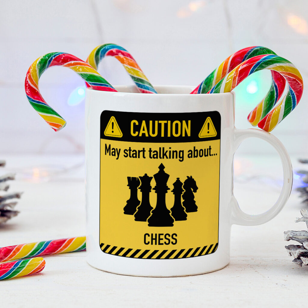 Chess Talk Caution Sign White Mug - Fun Gift for Chess Lovers