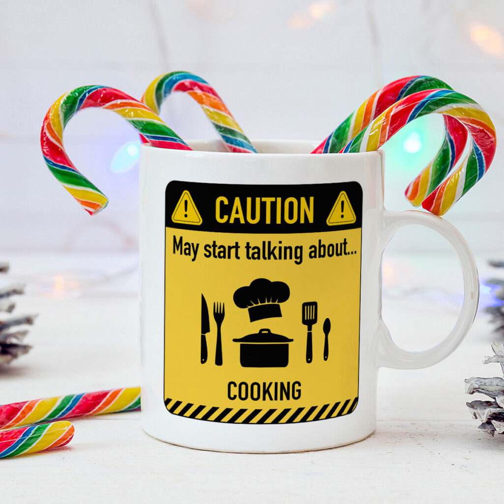 Caution Cooking Talk Mug - Fun Chef Gift with Warning Sign