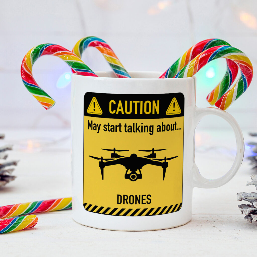 White Mug with Caution Sign - Drone Talk Warning