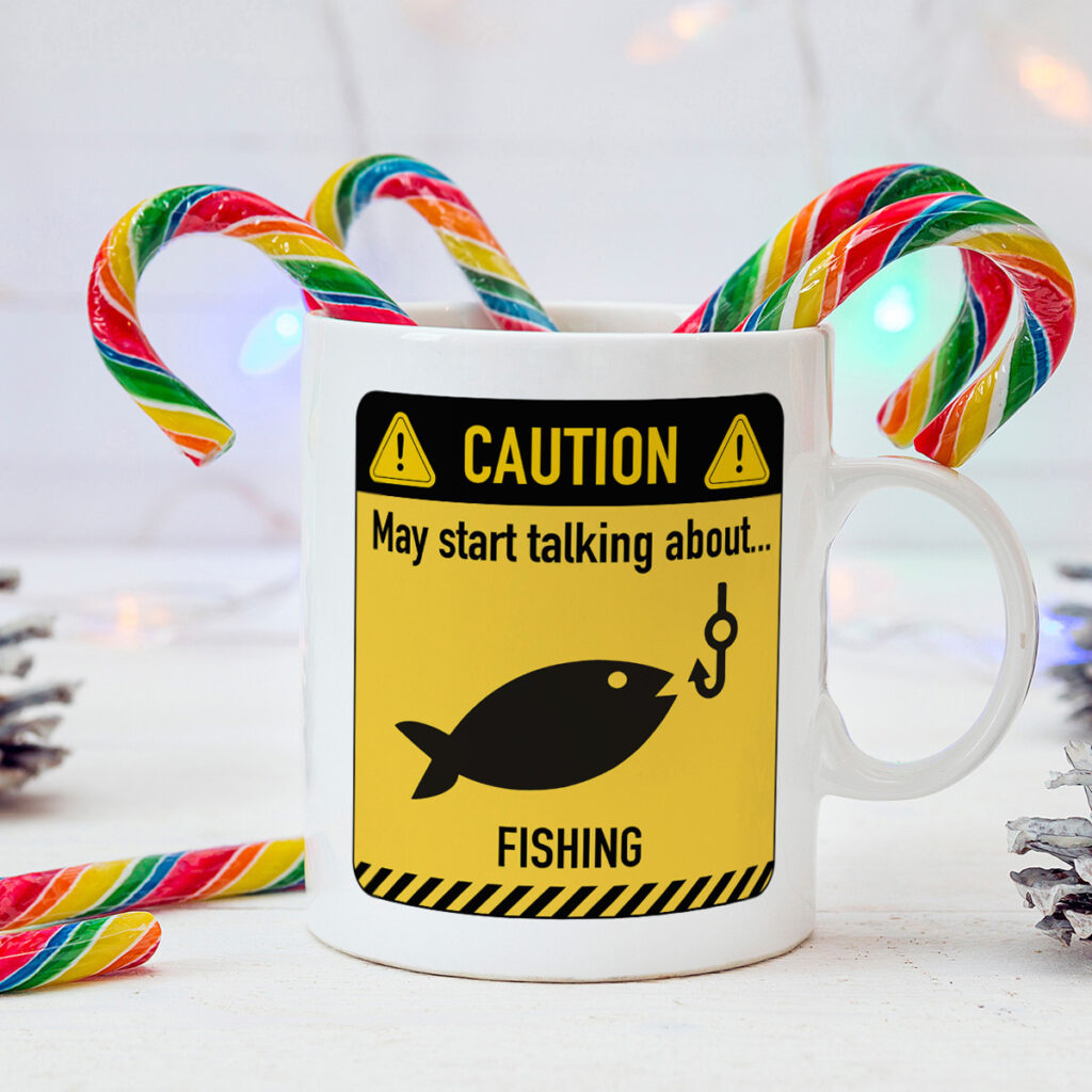 Fishing Caution Sign White Mug - Fun Gift for Anglers