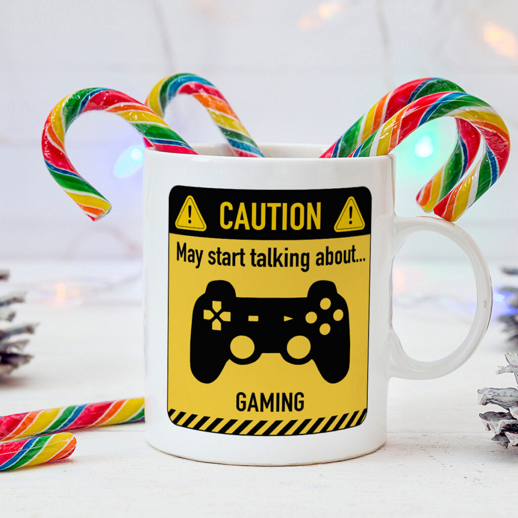 White Mug with Gaming Caution Sign - Game Controller Design