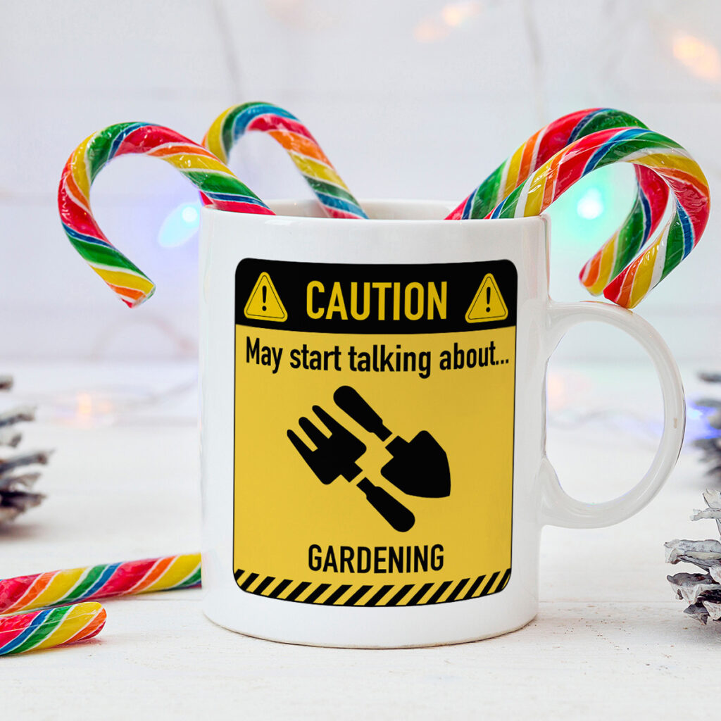 Funny Gardening Mug - Caution Sign Design, White