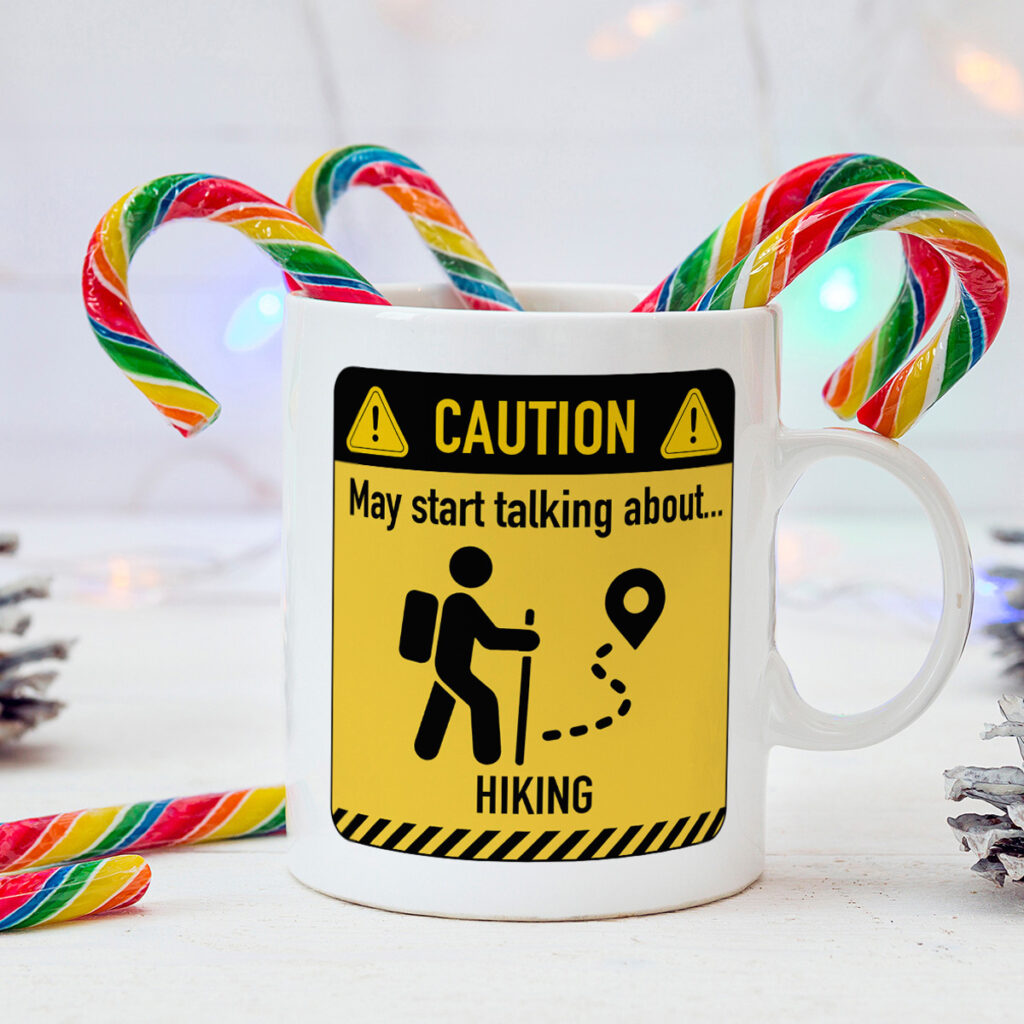 Hiking Caution Sign White Mug - Funny Backpacker Gift