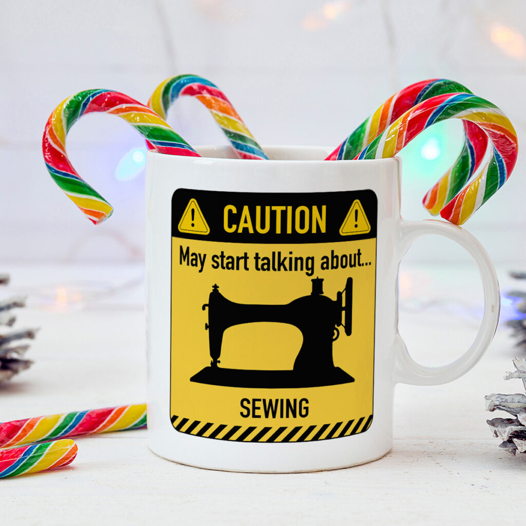 Caution Sewing Mug - White with Yellow Warning Design