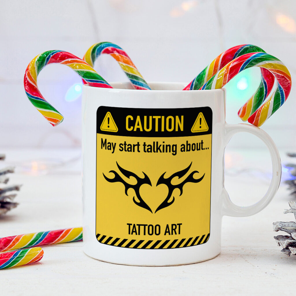 White Mug with Tattoo Art Caution Sign Design