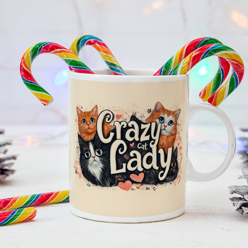 Crazy Cat Lady Ceramic Mug with Cat Illustrations