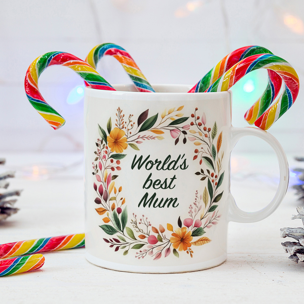 World's Best Mum Floral Wreath White Mug - Vibrant Design