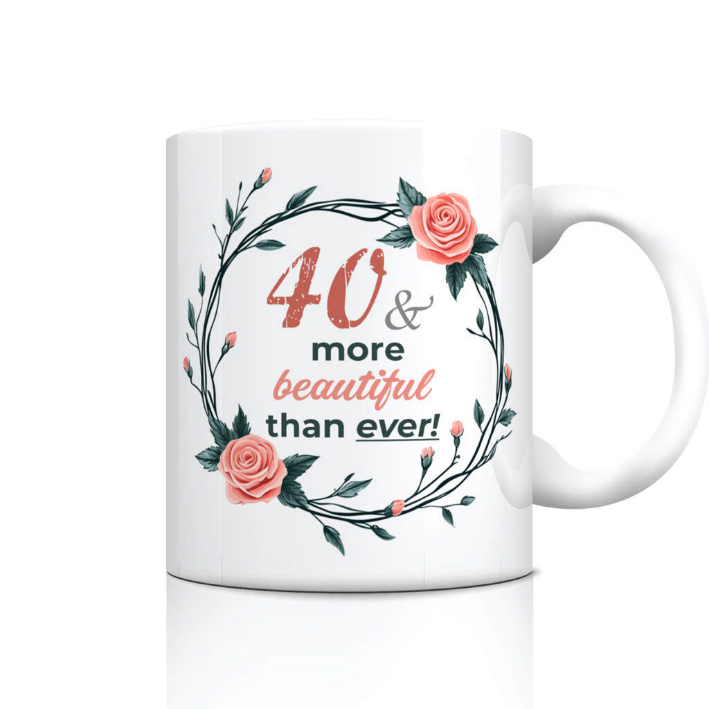 40th Birthday Floral Mug - Pink Roses & Green Leaves