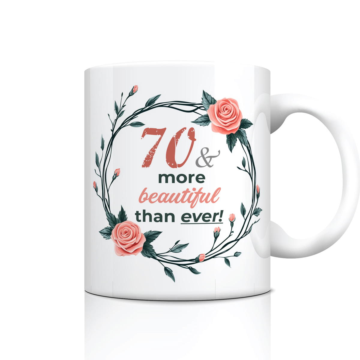 70th Birthday Floral Mug - Pink Roses & Green Leaves