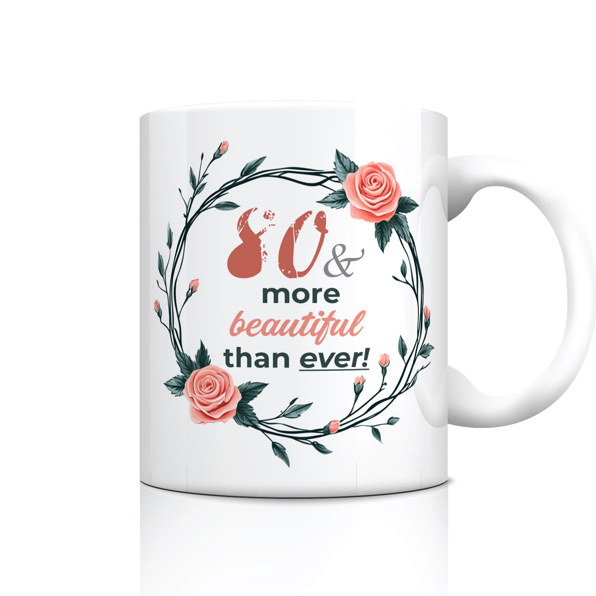 80th Birthday Floral Mug - Pink Roses & Green Leaves