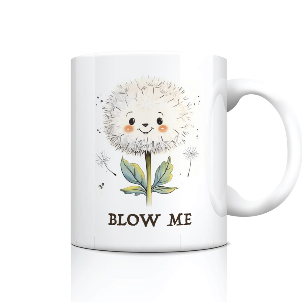 White Mug with Cute Dandelion 'Blow Me' Design