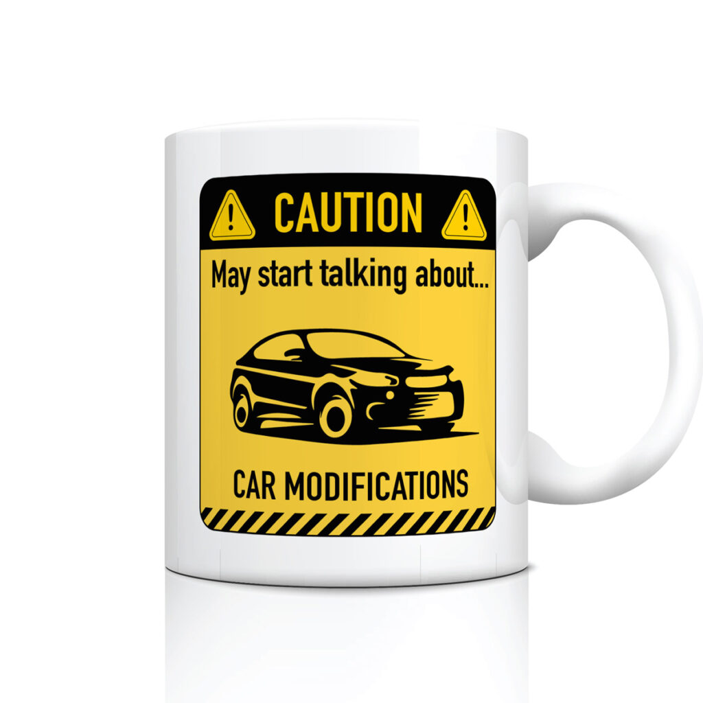 Car Modifications Caution Sign Mug - White with Yellow Design