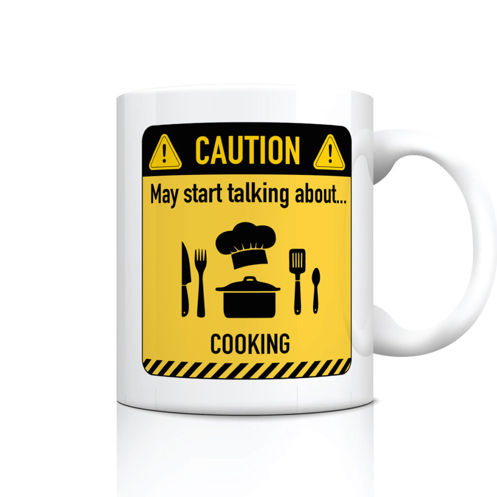Caution Cooking Talk Mug - Fun Chef Gift with Warning Sign