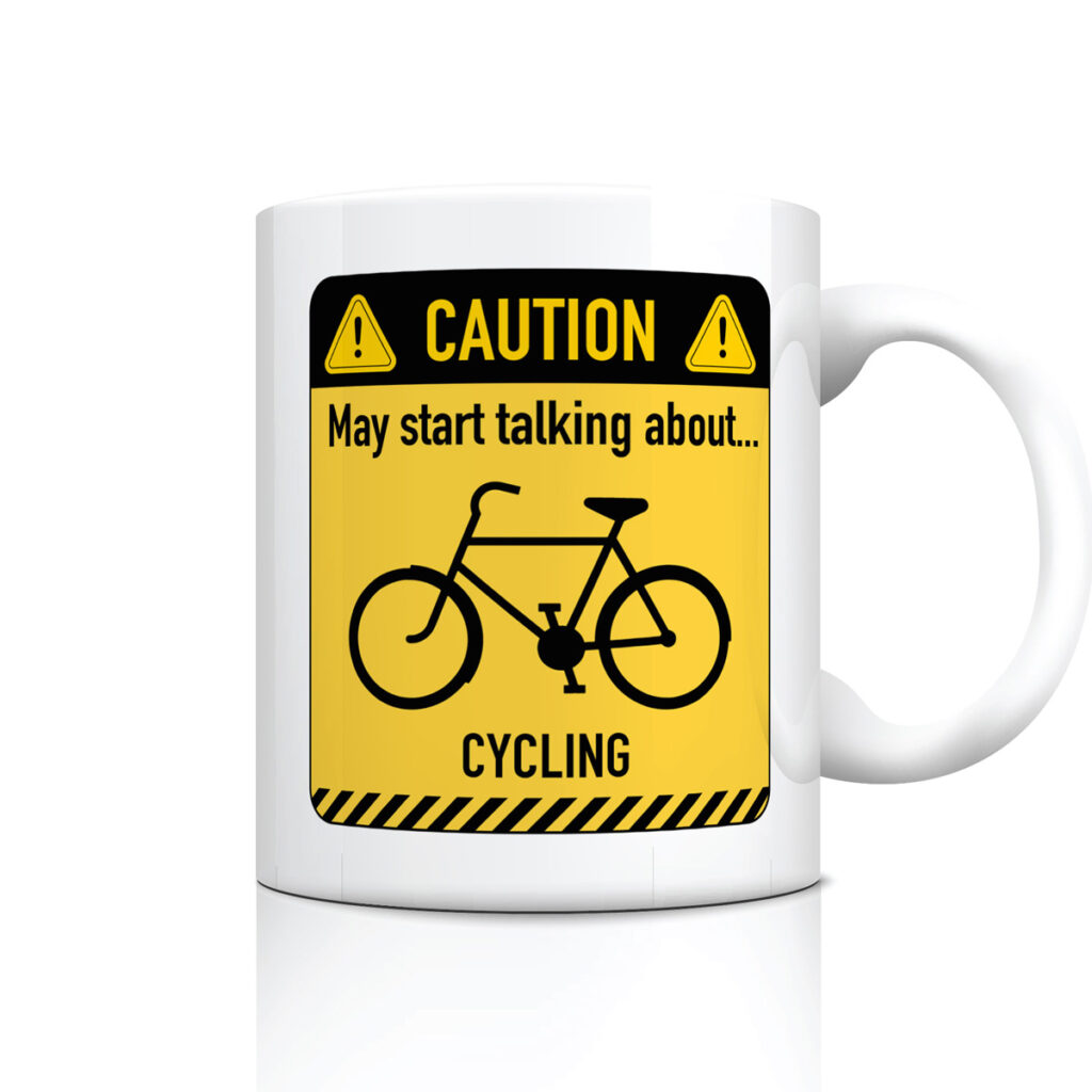Cycling Caution Sign White Mug - Bicycle Talk Gift