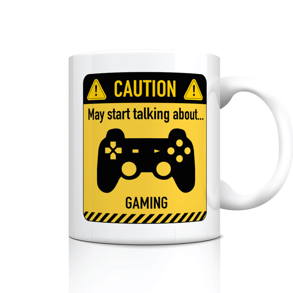 White Mug with Gaming Caution Sign - Game Controller Design