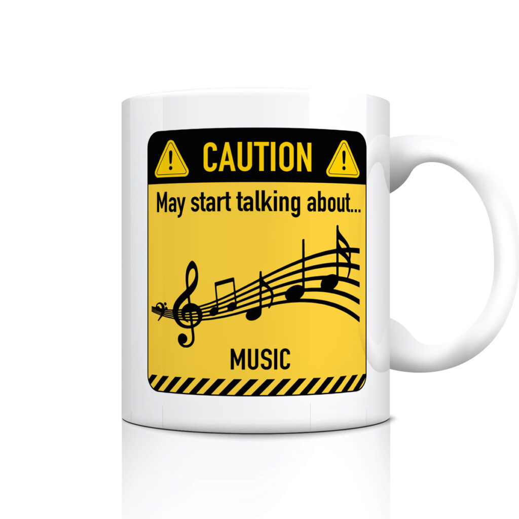 White Mug with Caution Sign & Music Notes Design