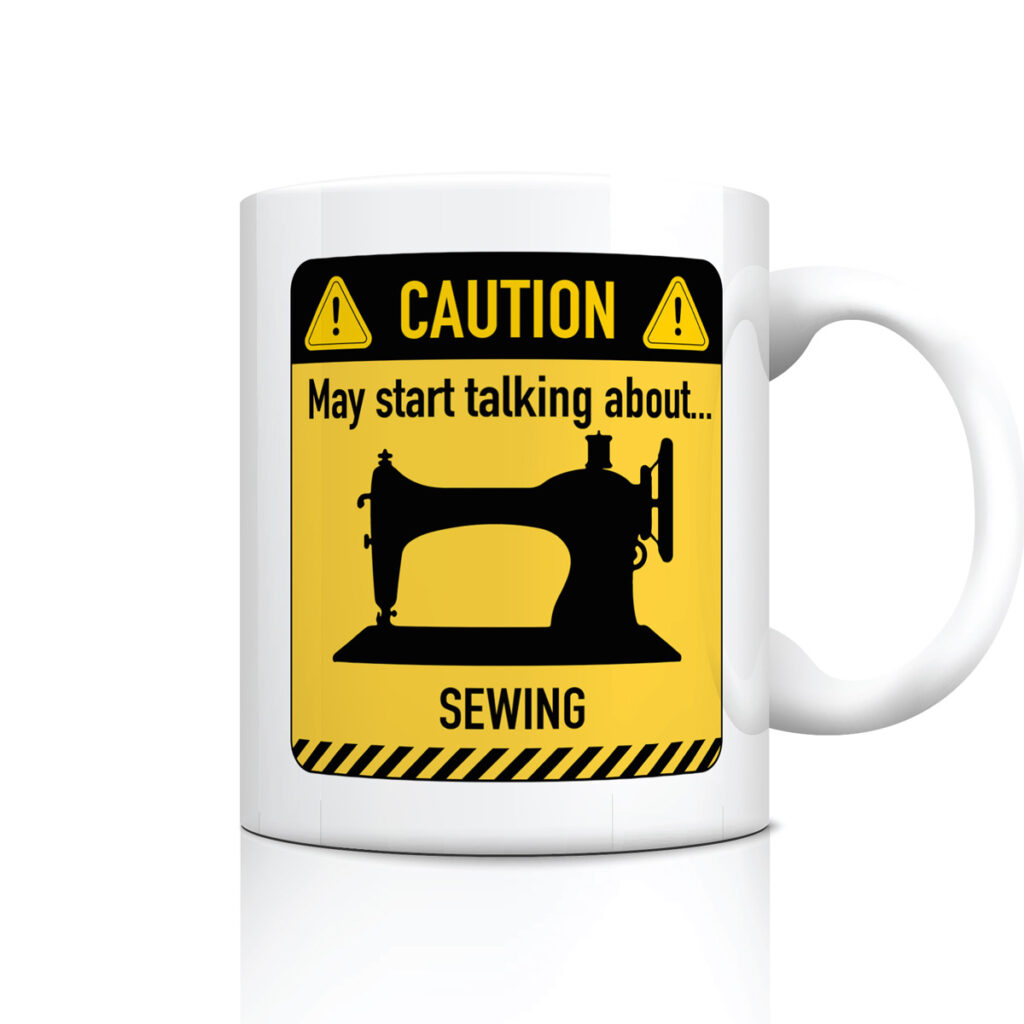Caution Sewing Mug - White with Yellow Warning Design
