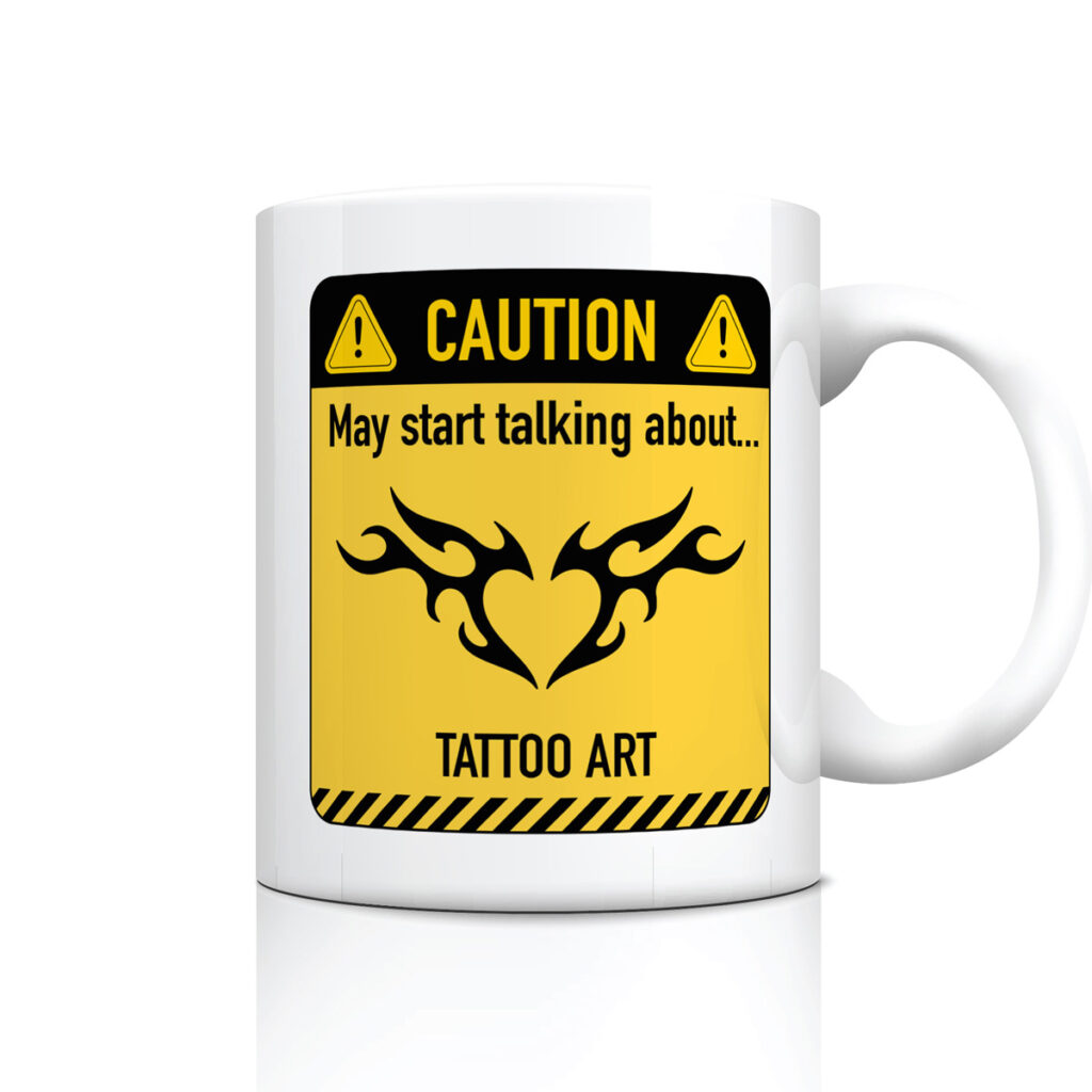 White Mug with Tattoo Art Caution Sign Design