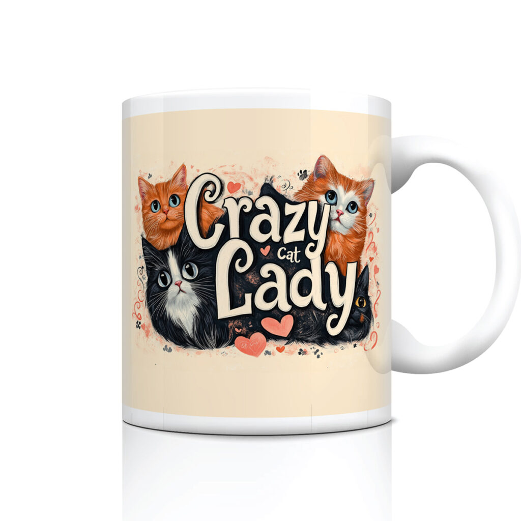 Crazy Cat Lady Ceramic Mug with Cat Illustrations