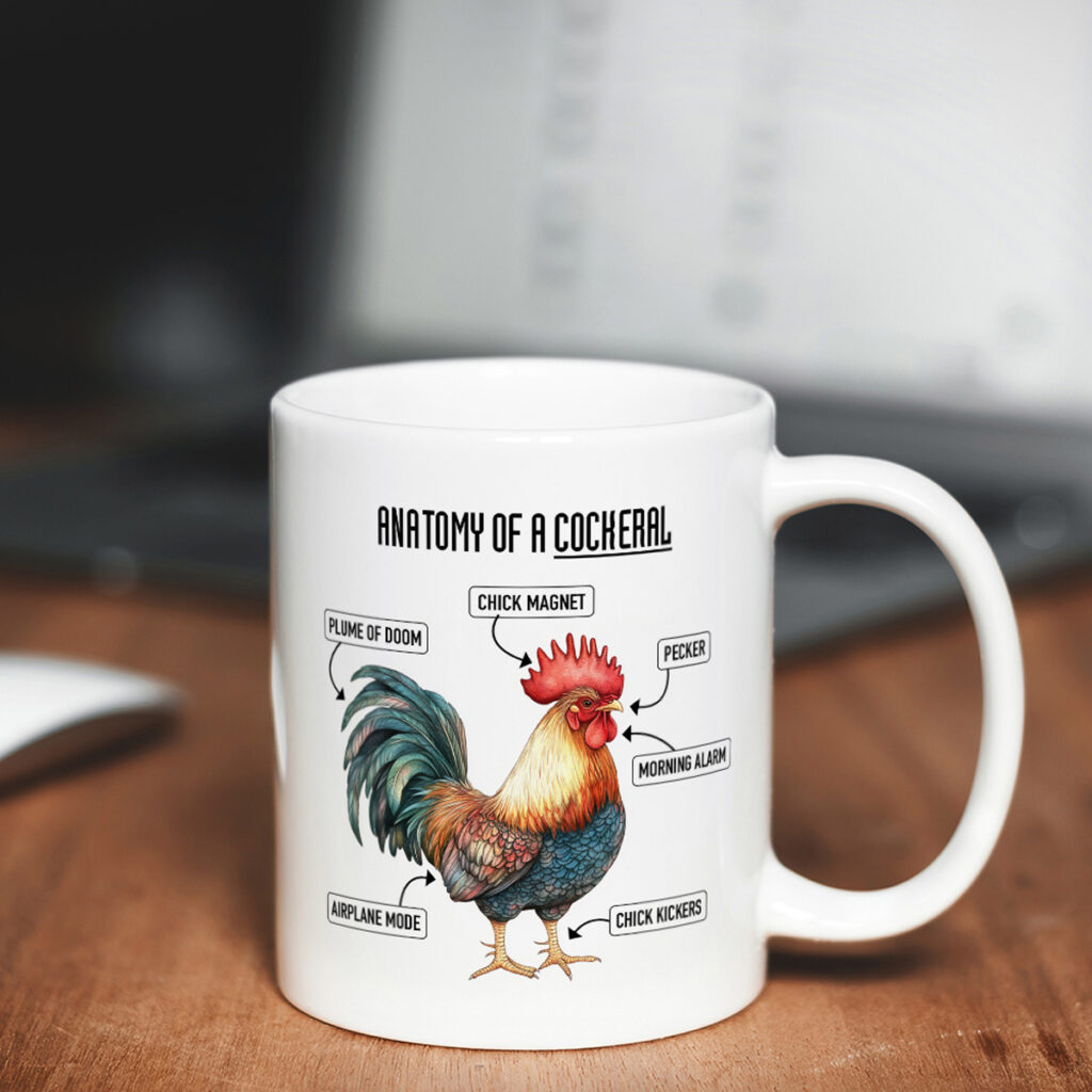 Humorous 'Anatomy of a Cockerel' White Coffee Mug
