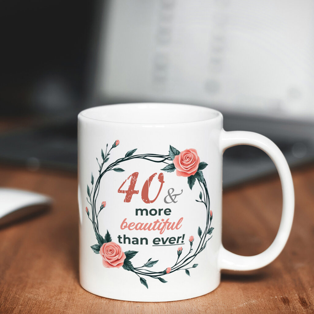 40th Birthday Floral Mug - Pink Roses & Green Leaves