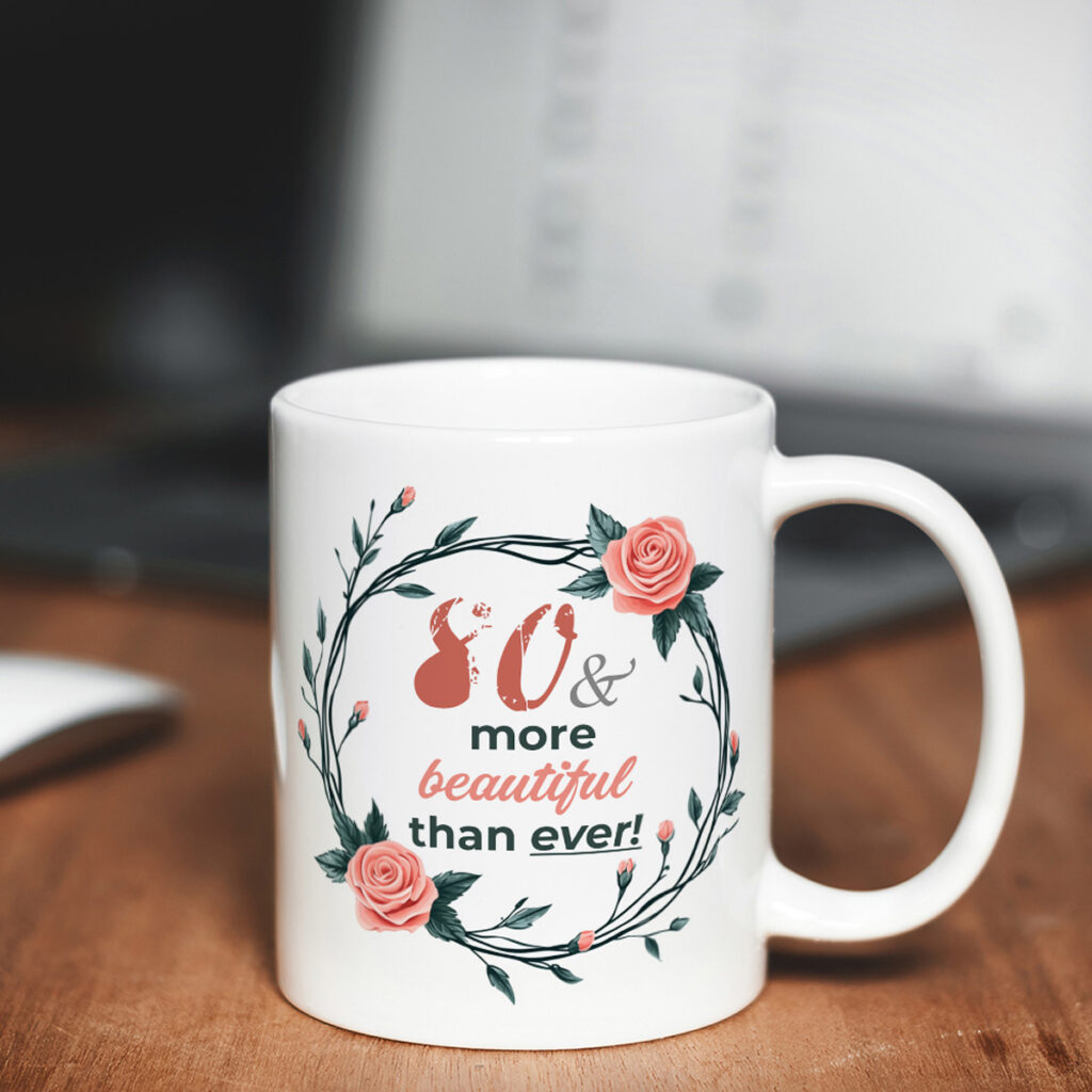 80th Birthday Floral Mug - Pink Roses & Green Leaves
