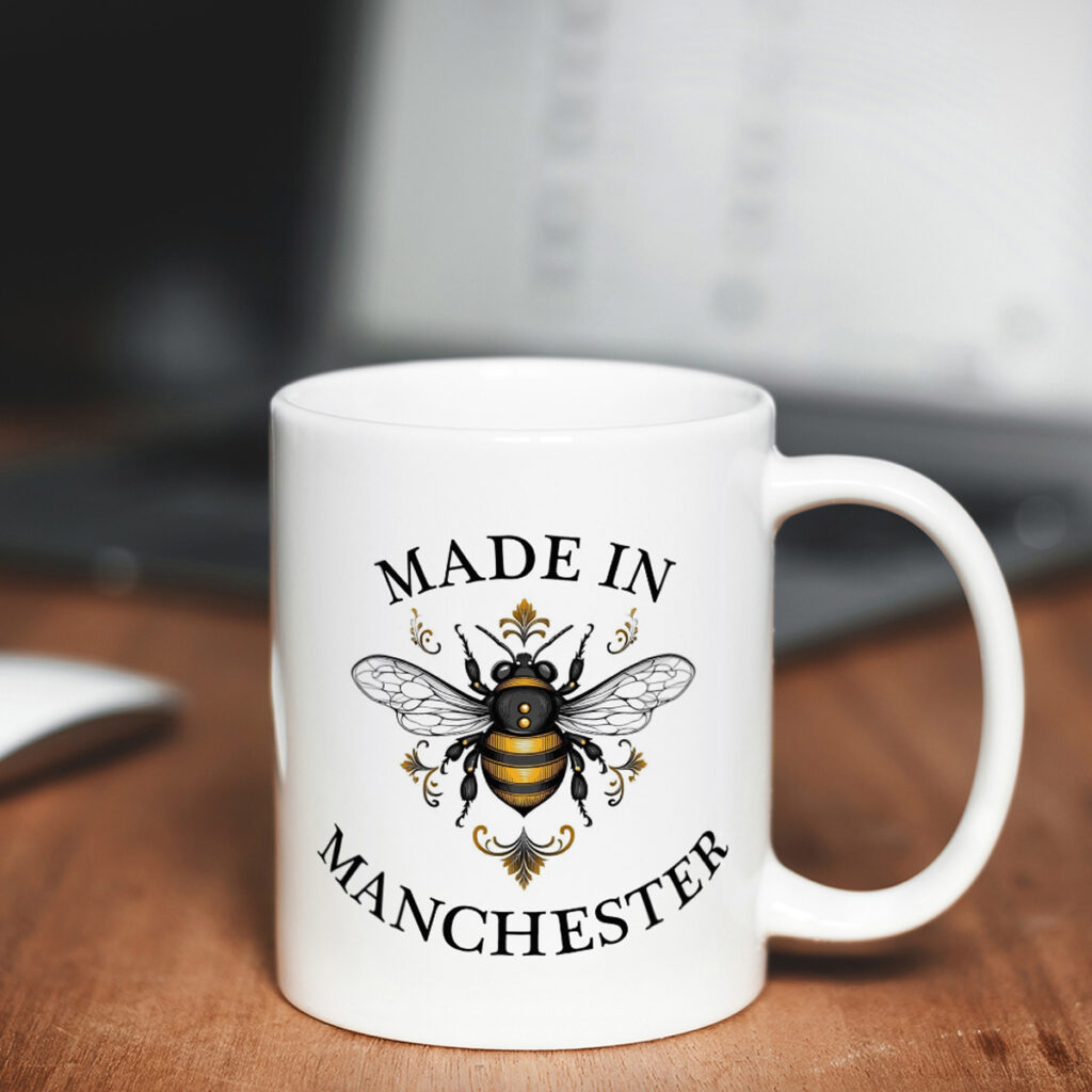 Manchester Bee Mug - White Ceramic with Detailed Design
